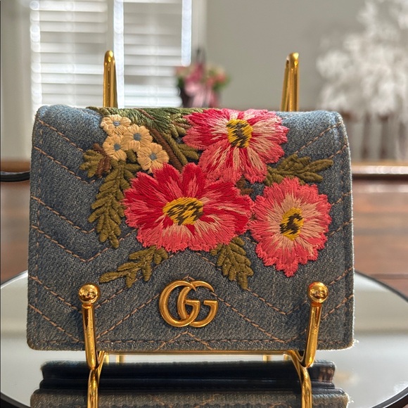 Gucci Handbags - GUCCI Denim GG Marmont Floral Embroidered Compact Wallet